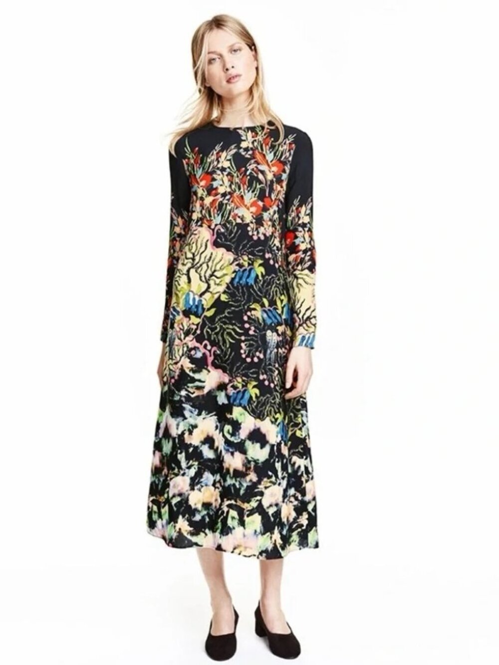 H&M Long Sleeve Printed Midi Dress – Bold Artistic Floral Print – Elegant Sz 2